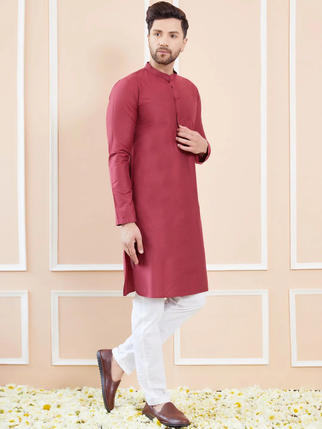 See Designs Mandarin Collar Long Sleeves Pure Cotton Straight Kurta With Pyjamas - Image 3