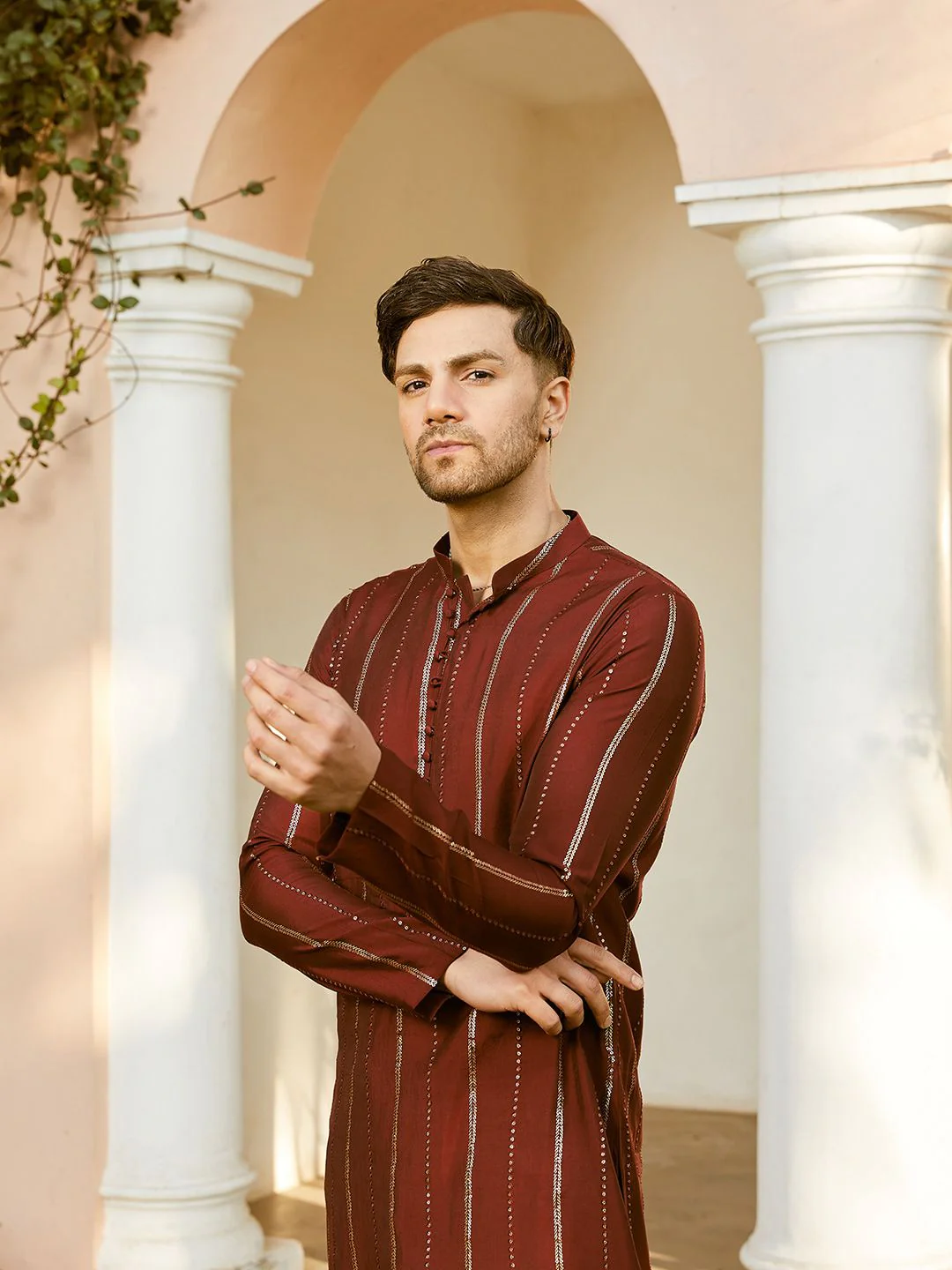 See Designs Mandarin Collar Long Sleeves Sequined Straight Kurta with Pyjama - Image 2