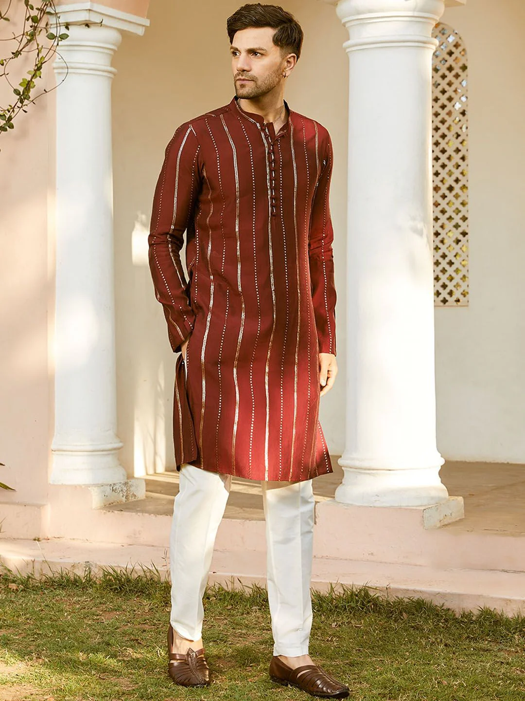 See Designs Mandarin Collar Long Sleeves Sequined Straight Kurta with Pyjama - Image 3