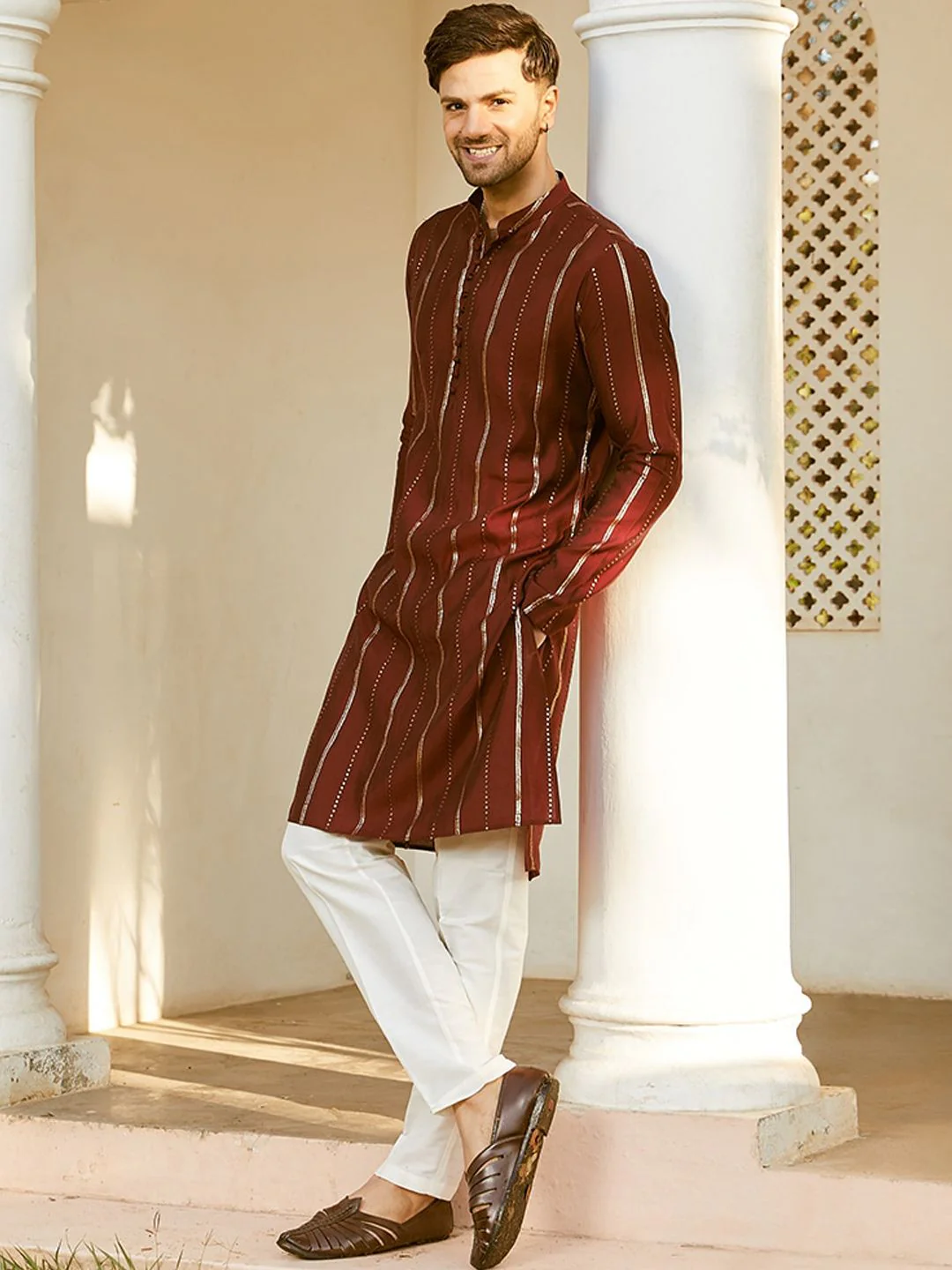 See Designs Mandarin Collar Long Sleeves Sequined Straight Kurta with Pyjama - Image 4