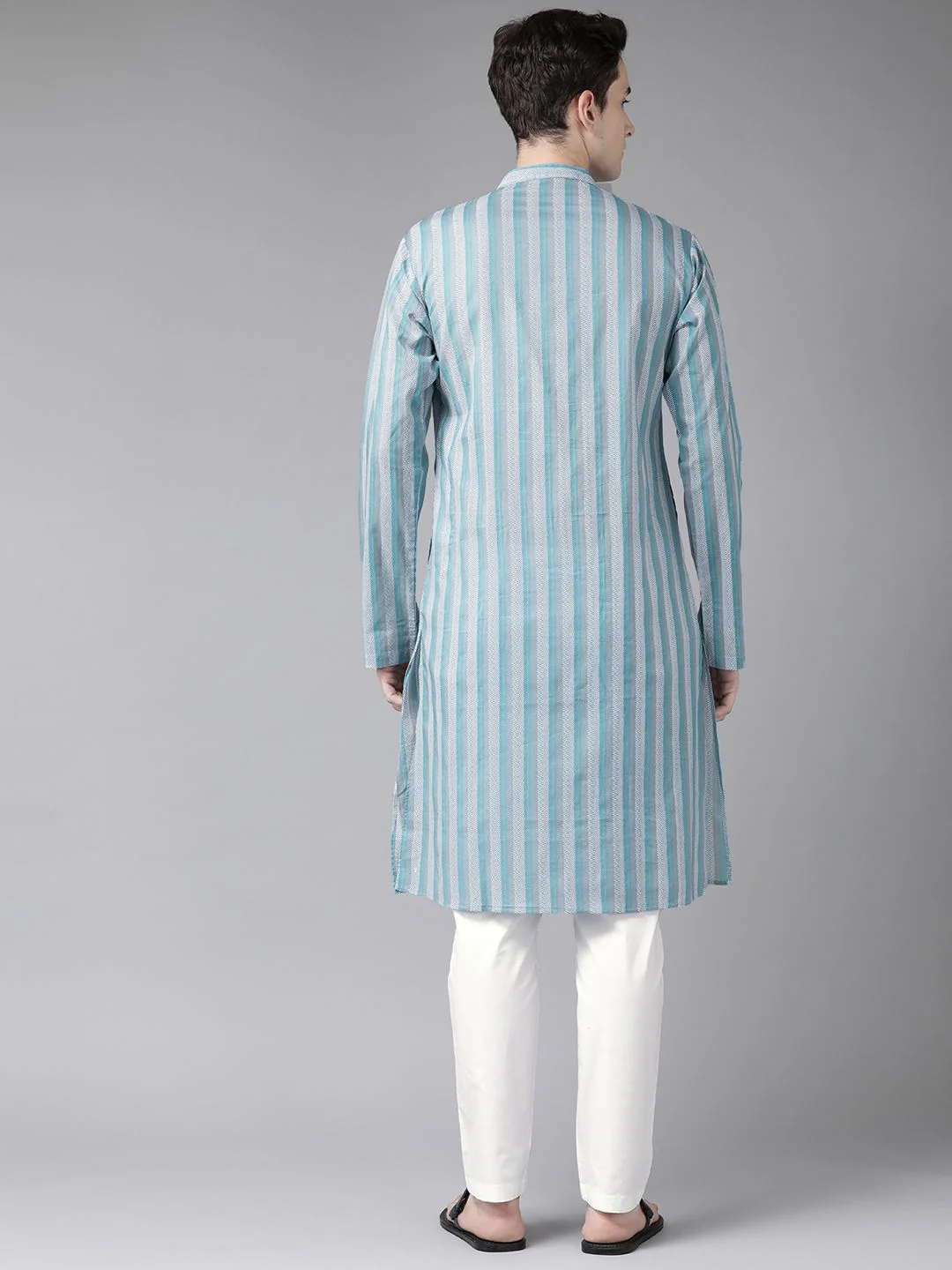 See Designs Men Blue Striped Pure Cotton Kurta with Trousers - Image 4