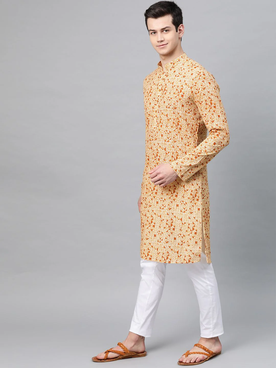See Designs Men Cream-Coloured & Rust Orange Printed Straight Kurta - Image 3