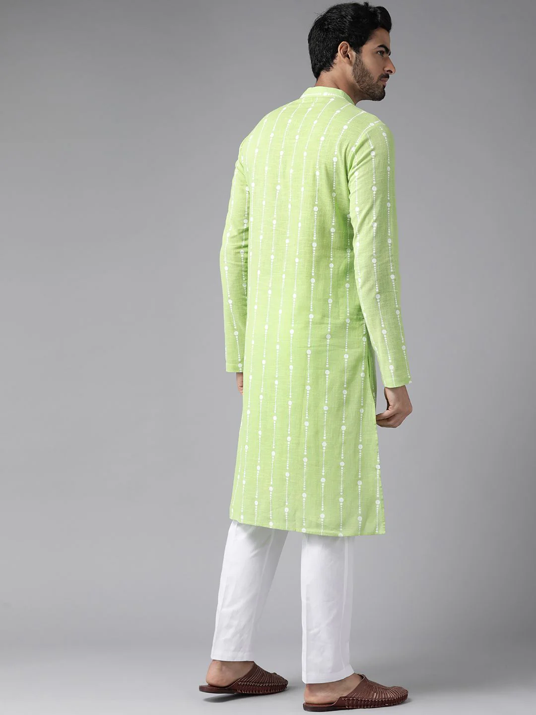 See Designs Men Lime Green & White Pure Cotton Printed Kurta with Pyjamas - Image 4