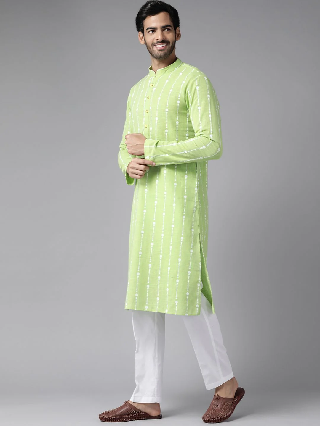 See Designs Men Lime Green & White Pure Cotton Printed Kurta with Pyjamas - Image 5