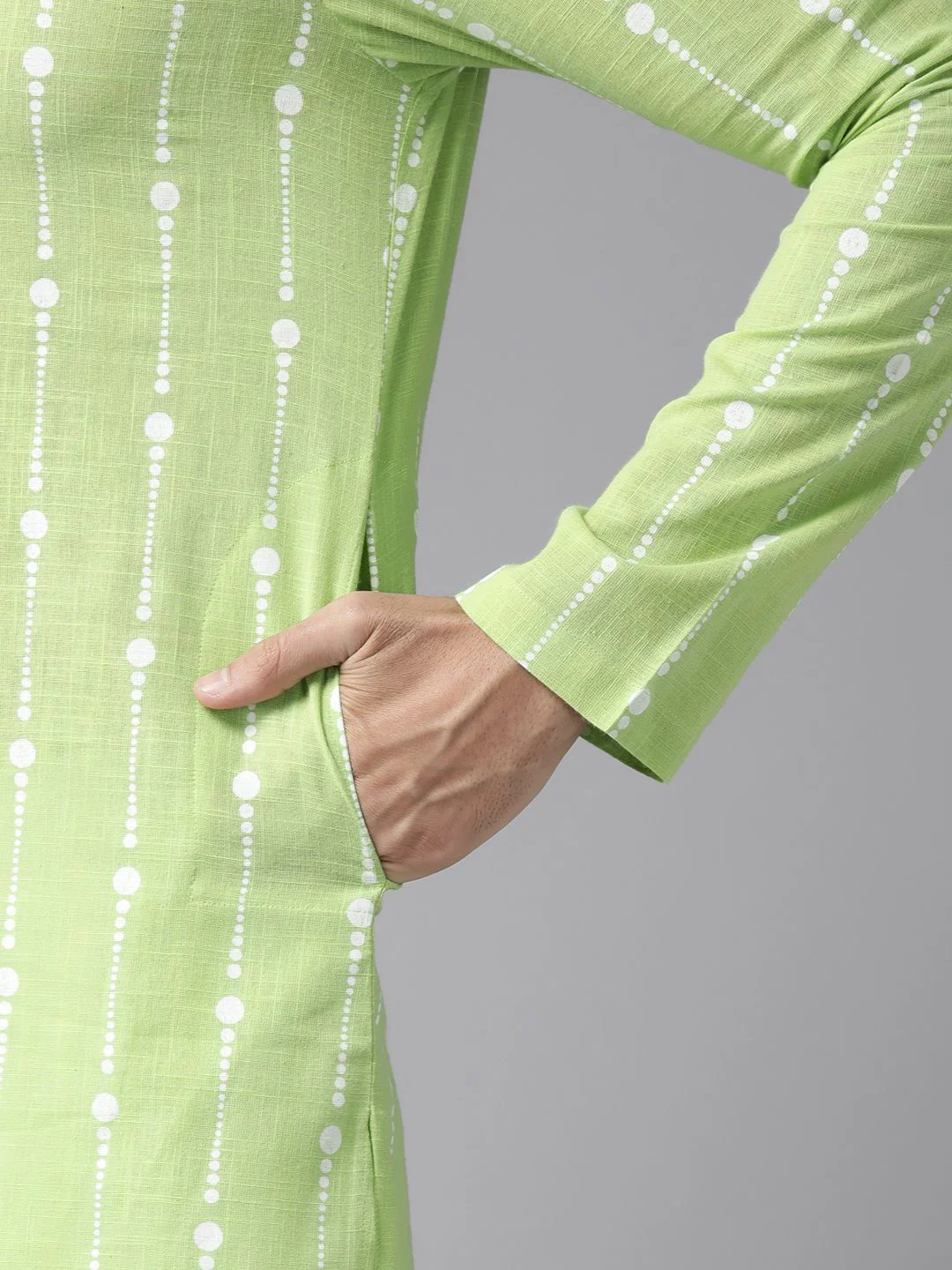 See Designs Men Lime Green & White Pure Cotton Printed Kurta with Pyjamas - Image 7