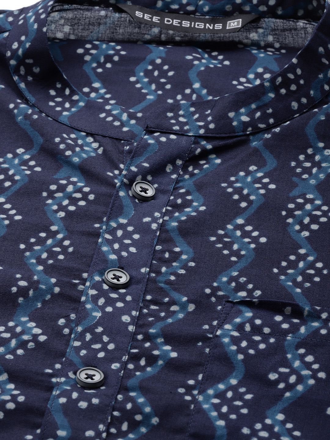 See Designs Men Navy Blue Printed Pure Cotton Kurta with Trousers - Image 2