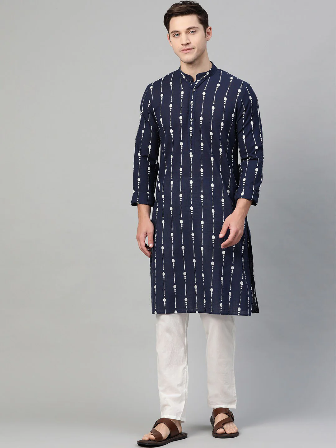 See Designs Men Navy Blue & White Printed Kurta with Pyjamas