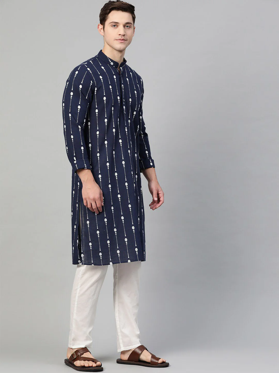 See Designs Men Navy Blue & White Printed Kurta with Pyjamas - Image 4