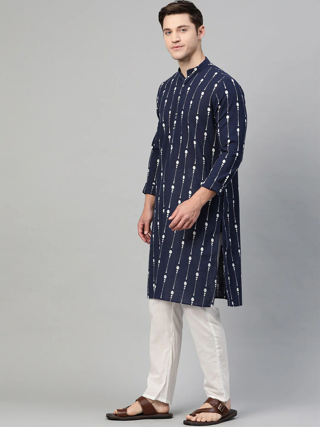 See Designs Men Navy Blue & White Printed Kurta with Pyjamas - Image 6