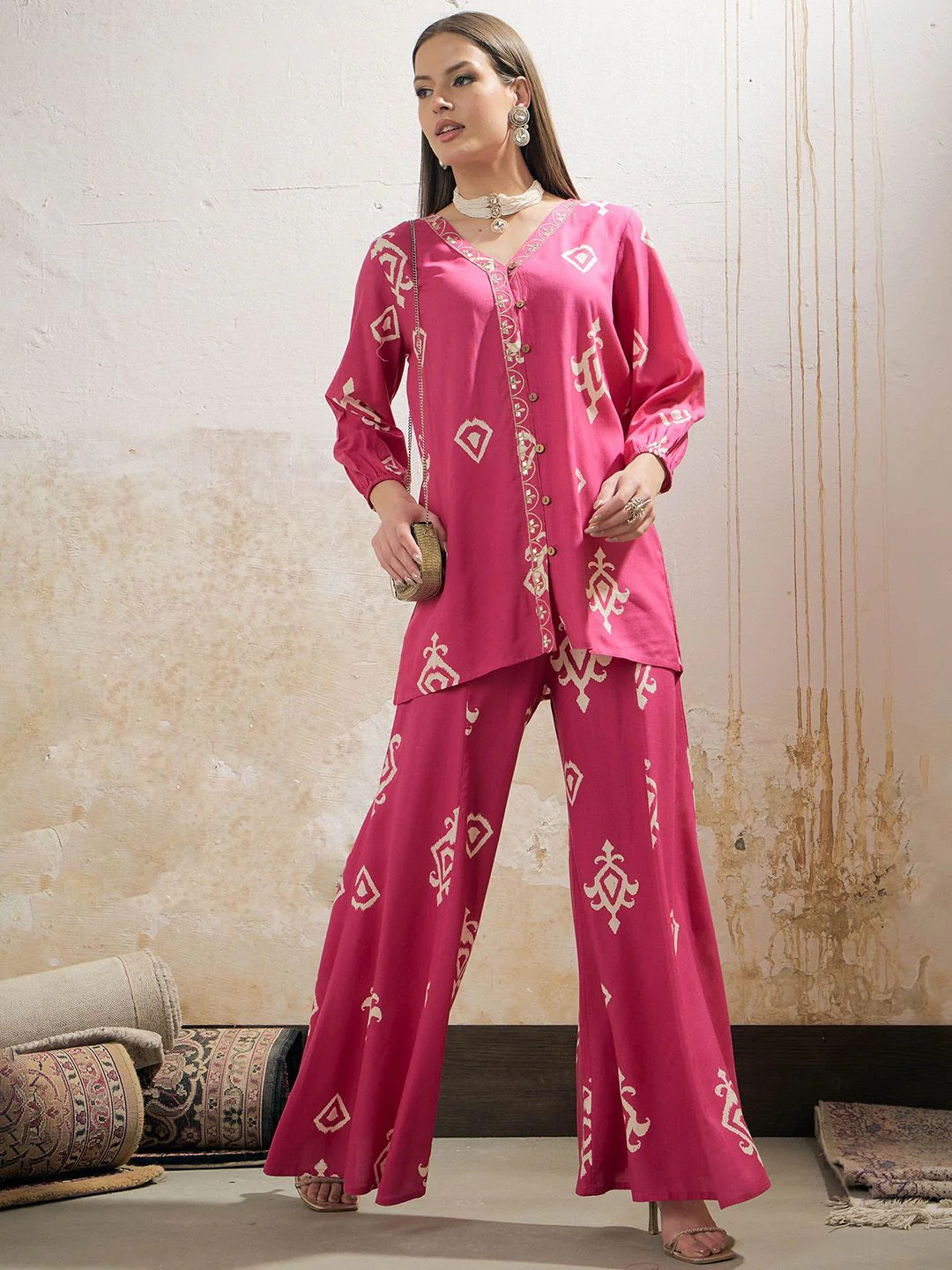 Shae by SASSAFRAS  Ethnic Motif Printed Gotta Patti Work Shirt With Palazzos