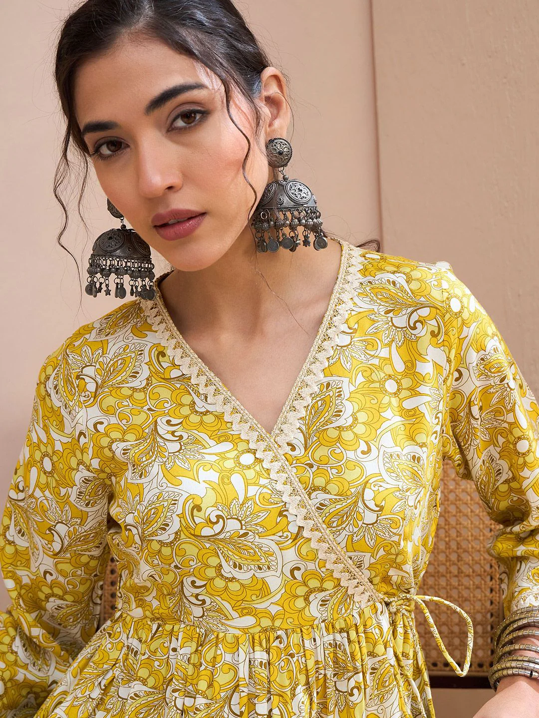 Shae by SASSAFRAS Floral Printed V-Neck Gotta Patti Gotta Patti Angrakha Kurti - Image 2