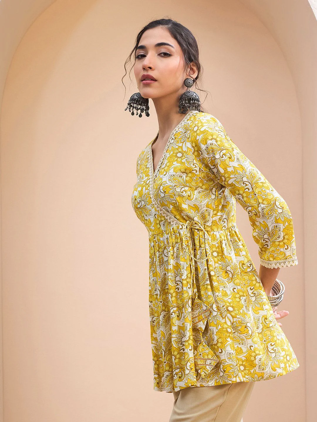 Shae by SASSAFRAS Floral Printed V-Neck Gotta Patti Gotta Patti Angrakha Kurti - Image 3