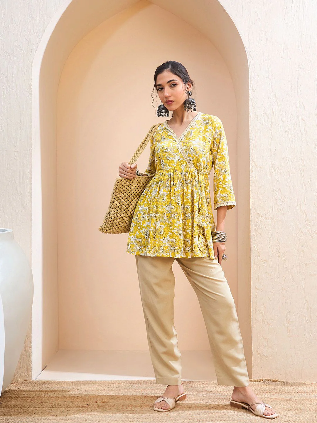 Shae by SASSAFRAS Floral Printed V-Neck Gotta Patti Gotta Patti Angrakha Kurti - Image 4