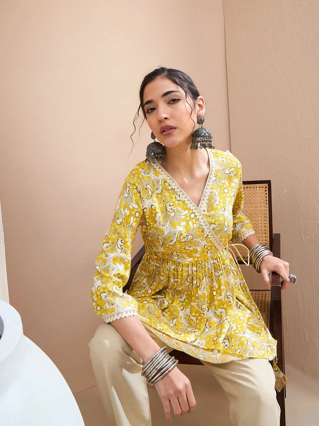 Shae by SASSAFRAS Floral Printed V-Neck Gotta Patti Gotta Patti Angrakha Kurti - Image 6