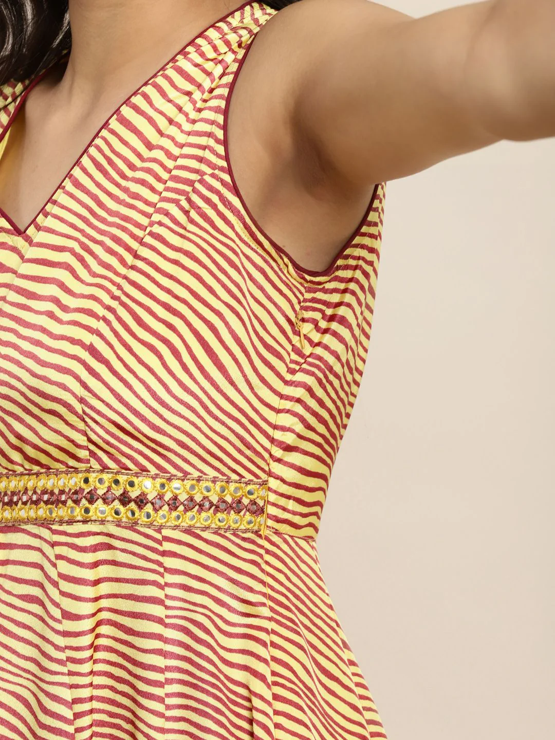 Shae by SASSAFRAS Mustard Yellow & Brown Lehariya High Low Crepe Anarkali Maxi Dress - Image 6