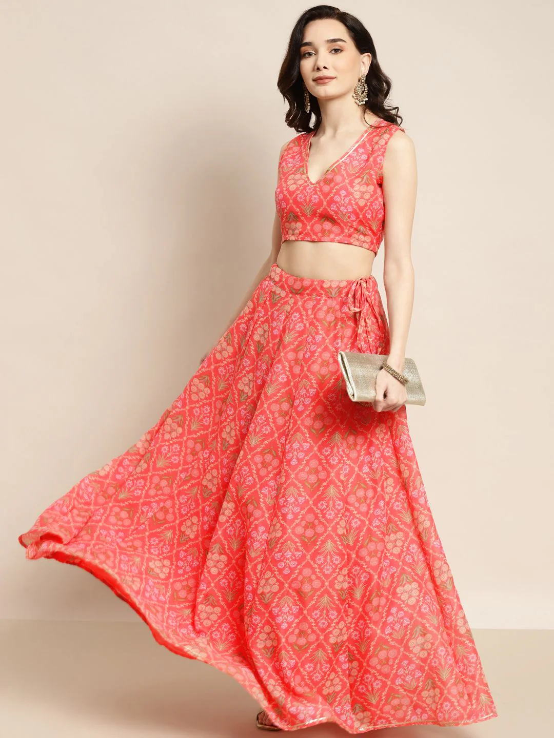 Shae by SASSAFRAS Peach-Coloured & Olive Green Printed Fusion Lehenga Choli - Image 6