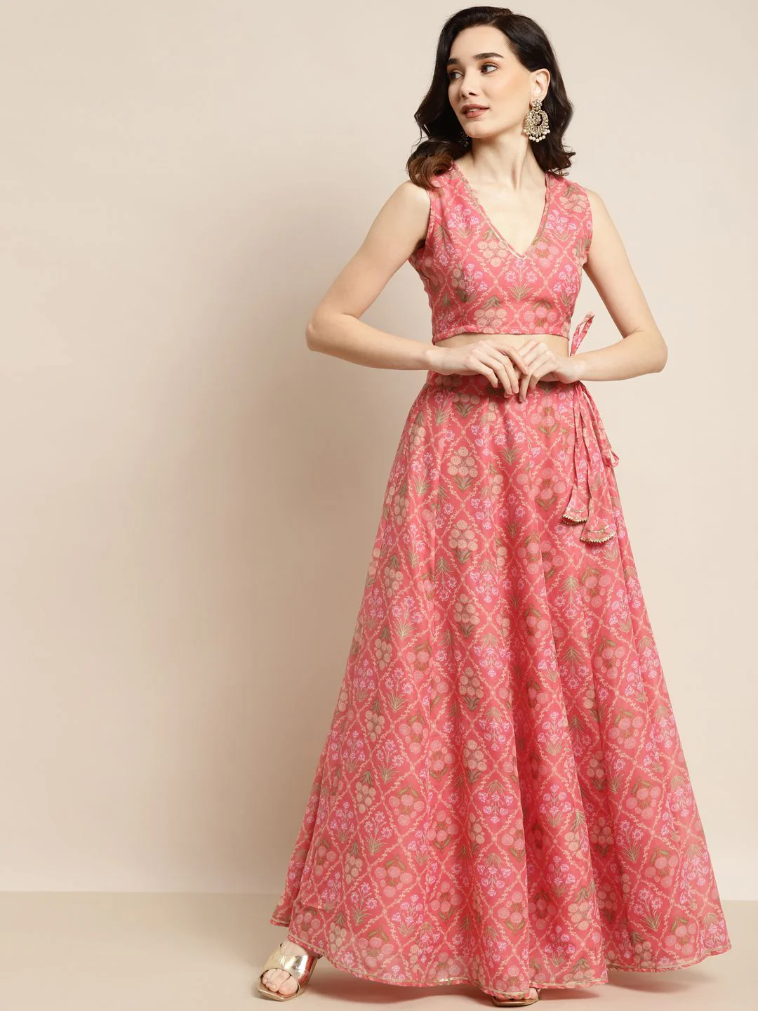 Shae by SASSAFRAS Peach-Coloured & Olive Green Printed Fusion Lehenga Choli - Image 8