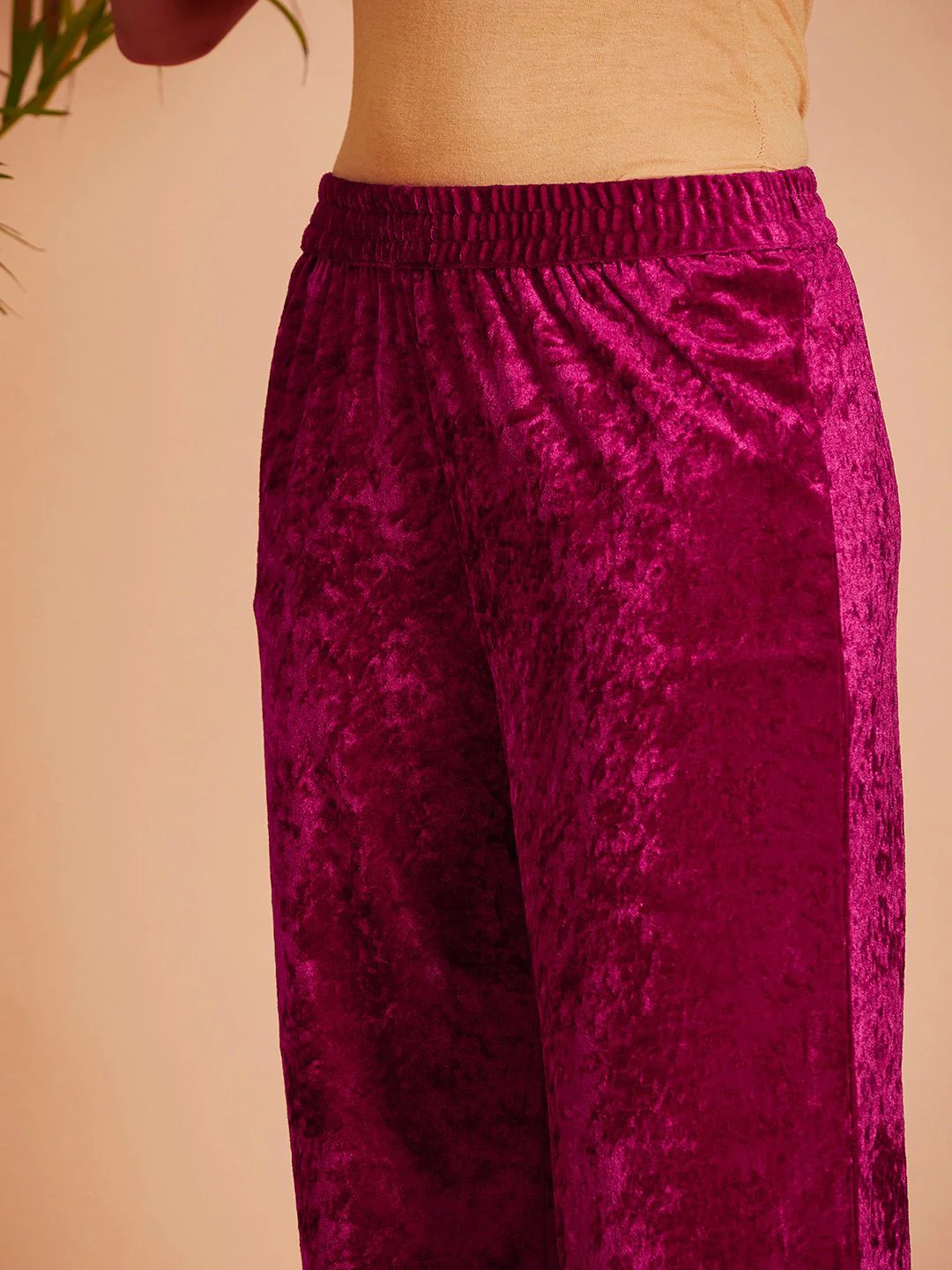 Shae by SASSAFRAS Women Fuchsia Empire Gotta Patti Velvet Kurta with Palazzos - Image 3