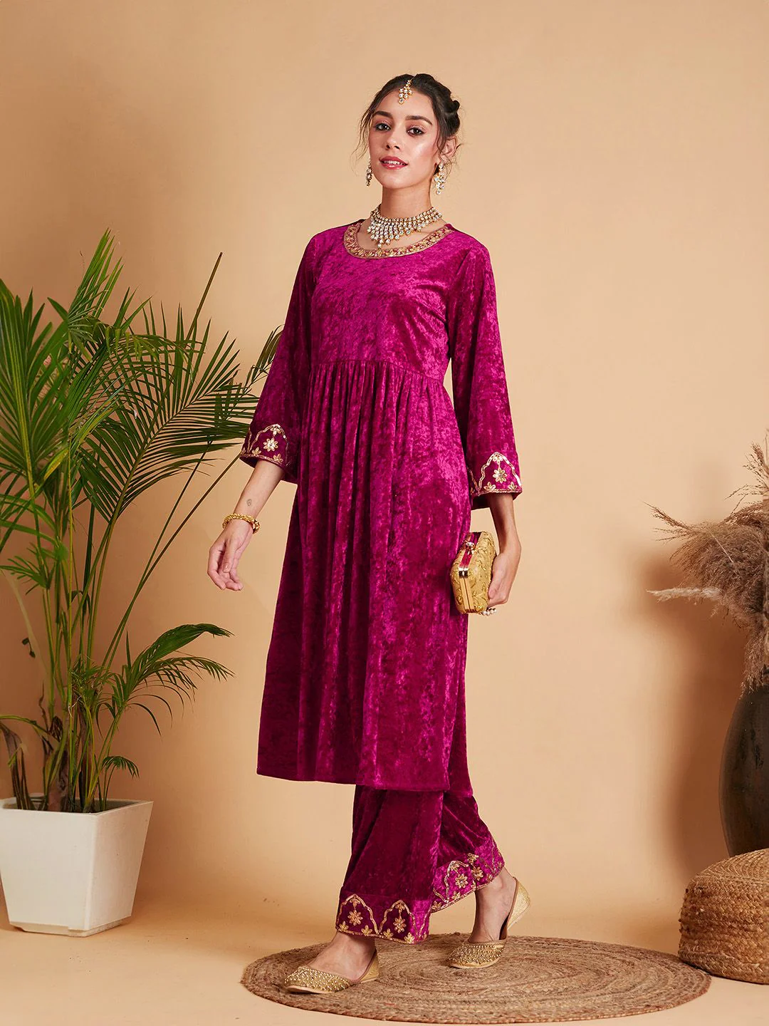 Shae by SASSAFRAS Women Fuchsia Empire Gotta Patti Velvet Kurta with Palazzos - Image 6