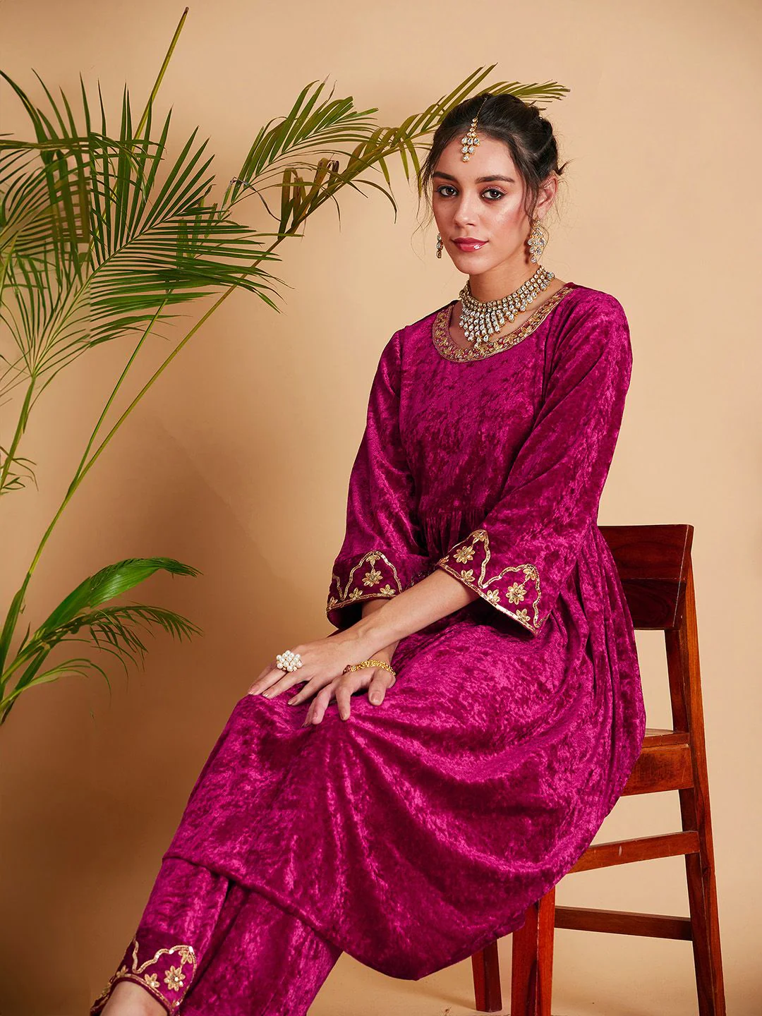 Shae by SASSAFRAS Women Fuchsia Empire Gotta Patti Velvet Kurta with Palazzos - Image 7