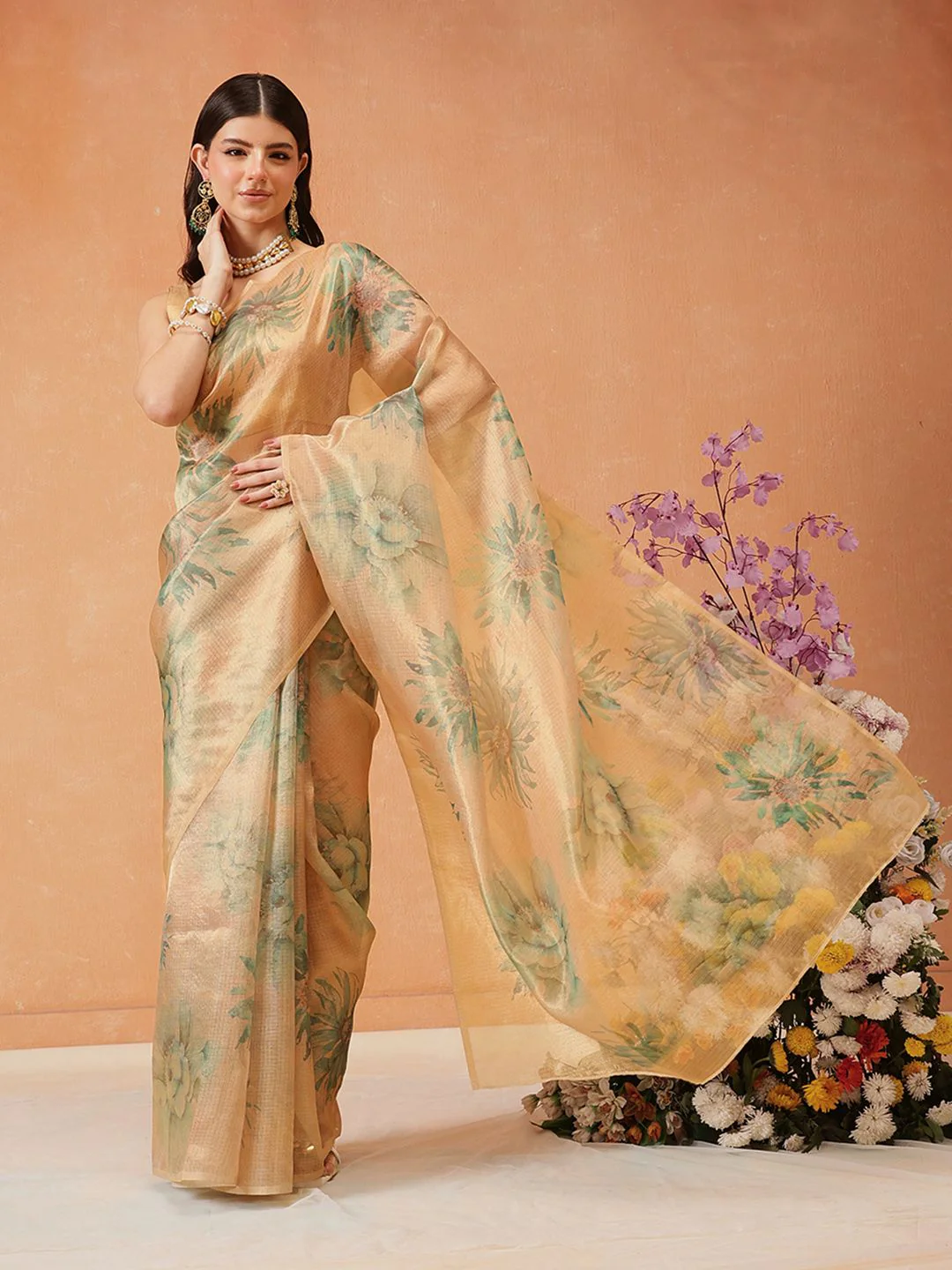 Silk Land Digital Print Floral Tissue Muga Silk Saree - Image 2