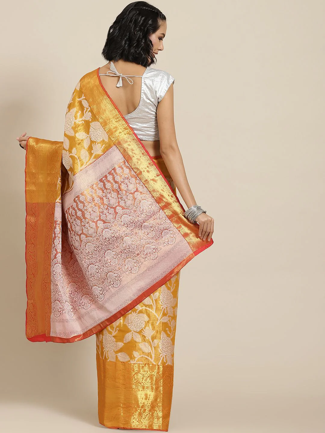 Silk Land Orange Floral Zari Ikat Saree - Image 2