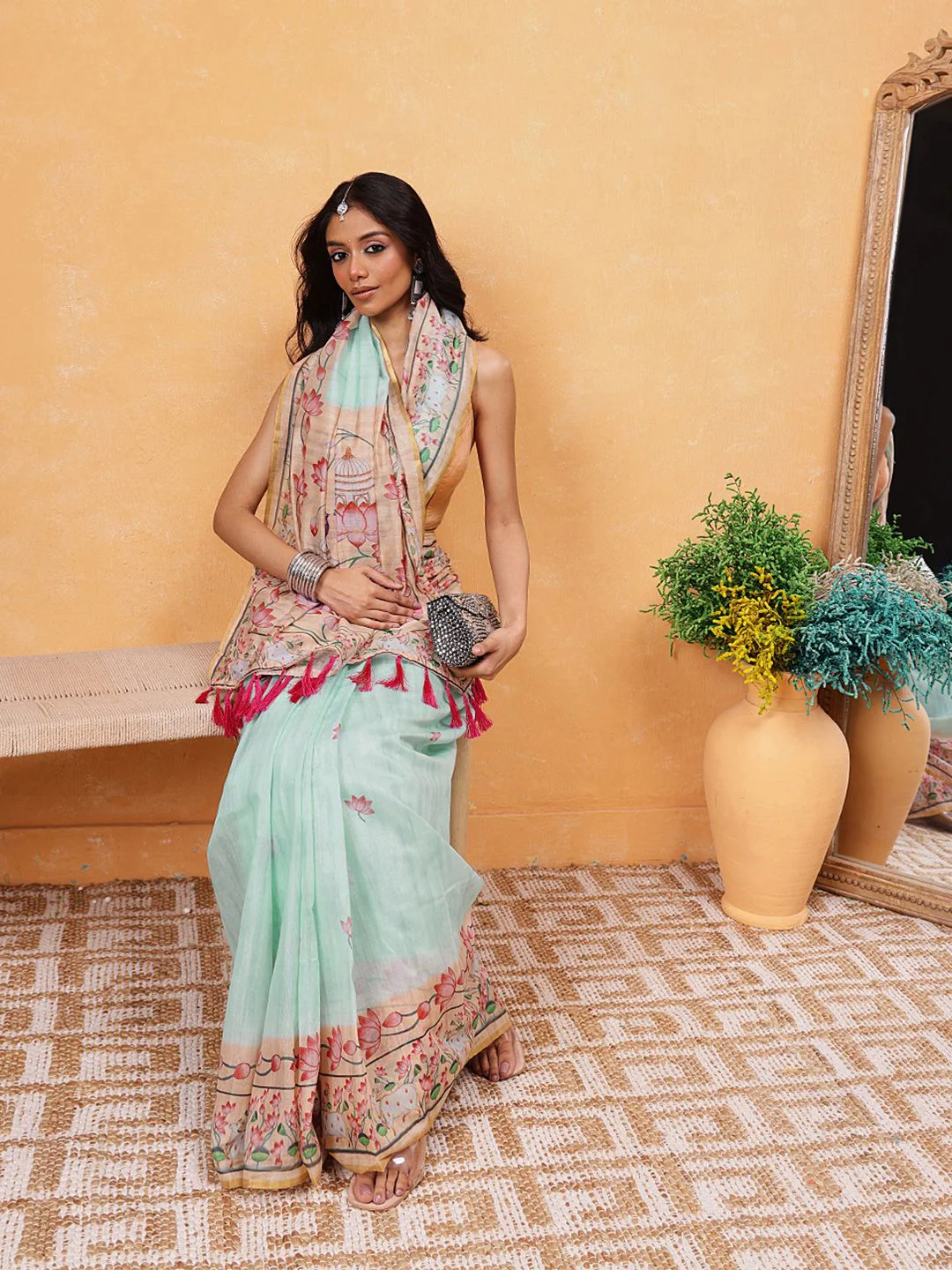 Silk Land Women Floral Print Ready To Wear Chanderi Saree - Image 5