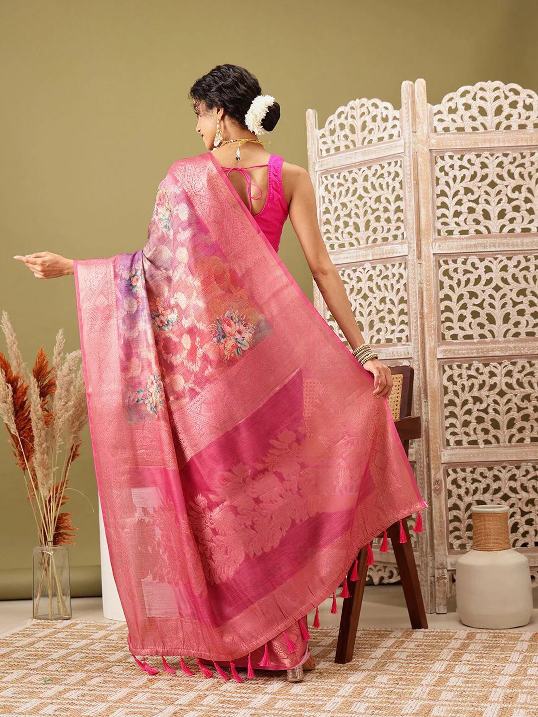 Silk Land Woven Banarasi Floral  Digital Print Saree - Image 3