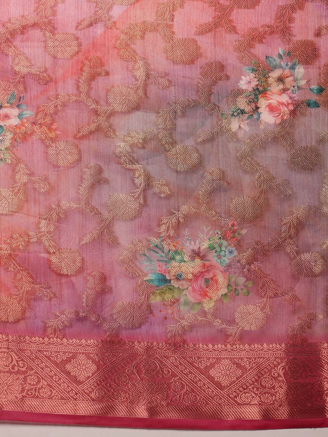 Silk Land Woven Banarasi Floral  Digital Print Saree - Image 4