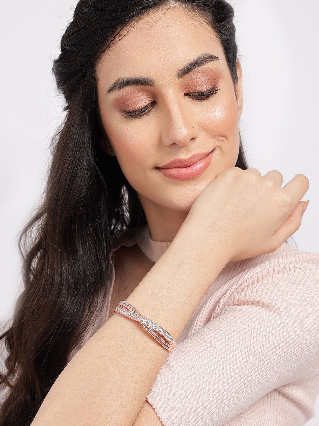SOHI Women Rose & White Brass American Diamond Bangle-Style Bracelet - Image 4