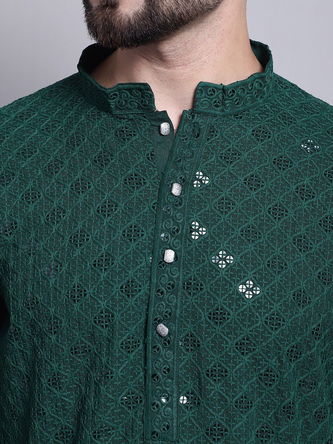 SOJANYA Embellished Mandarin Collar Sequinned Pure Cotton Kurta - Image 2