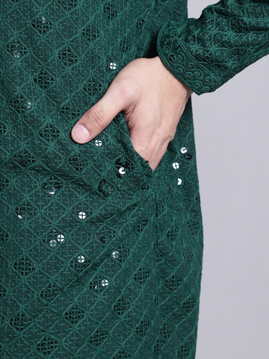 SOJANYA Embellished Mandarin Collar Sequinned Pure Cotton Kurta - Image 7