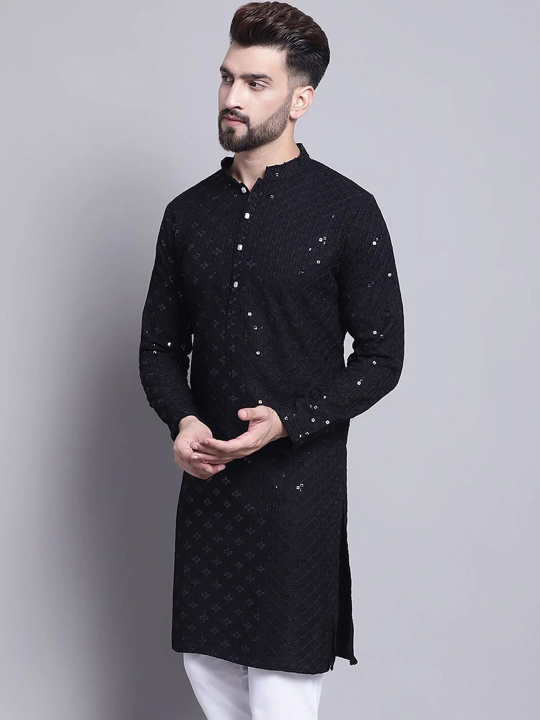 SOJANYA Embellished Mandarin Collar Sequinned Pure Cotton Kurta - Image 3