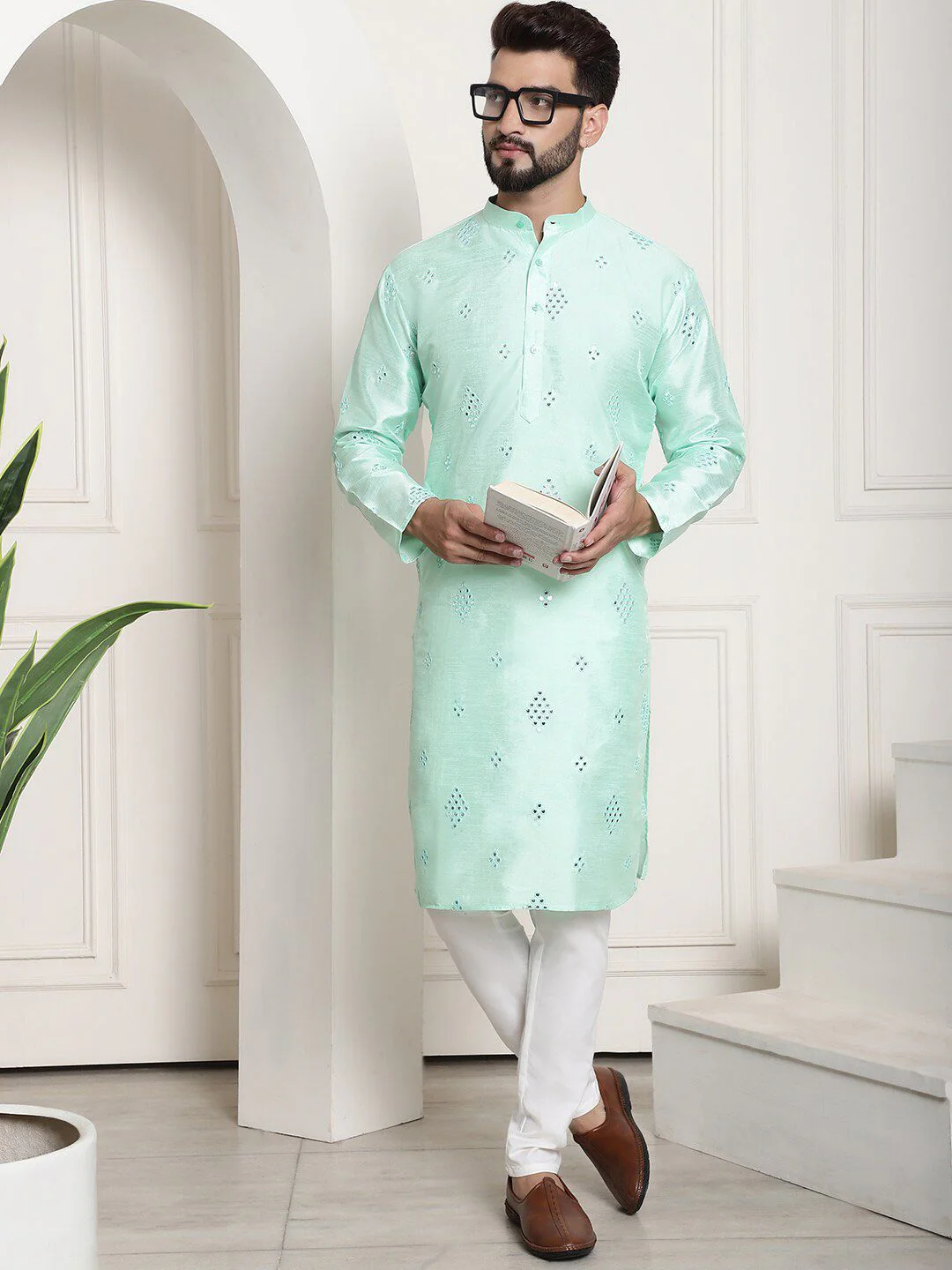 SOJANYA Embroidered Regular Mirror Work Kurta with Churidar - Image 4