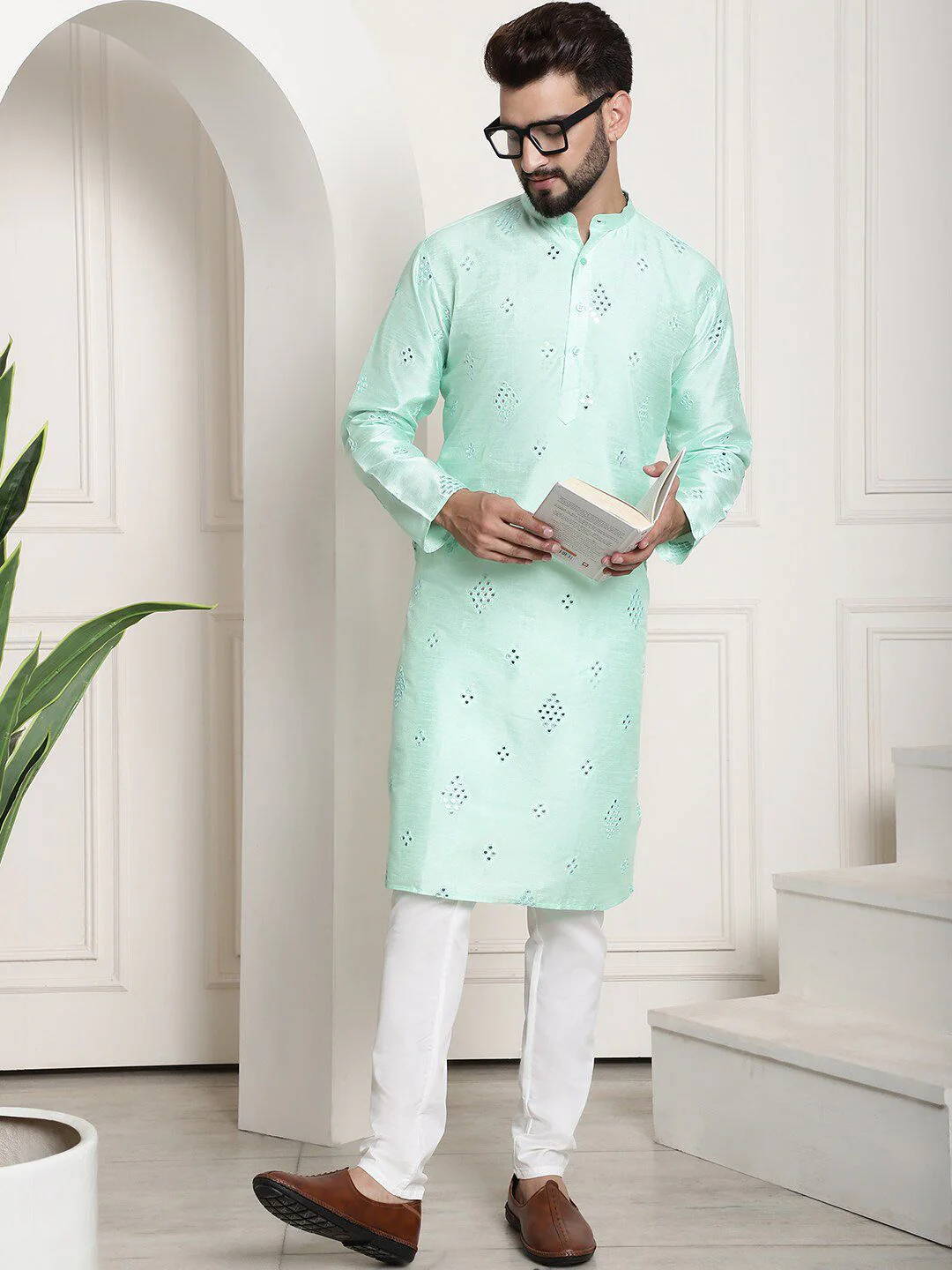 SOJANYA Embroidered Regular Mirror Work Kurta with Churidar - Image 7