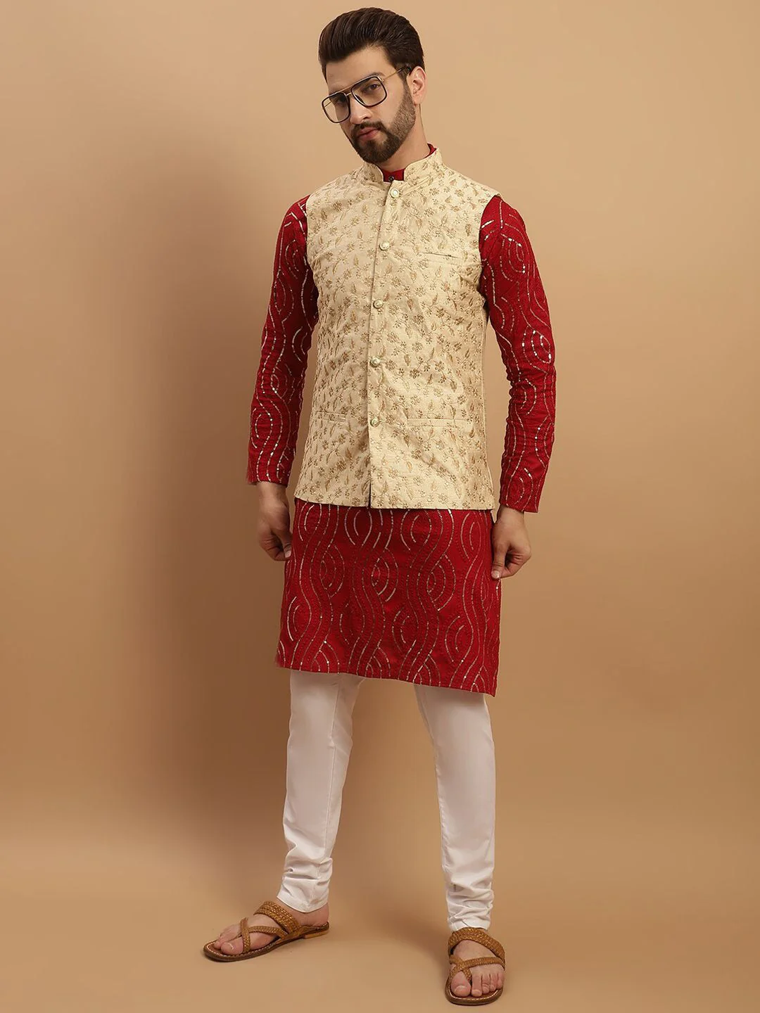 SOJANYA Embroidered Sequinned Pure Cotton Kurta with Churidar & Embroidered Nehru Jacket - Image 7