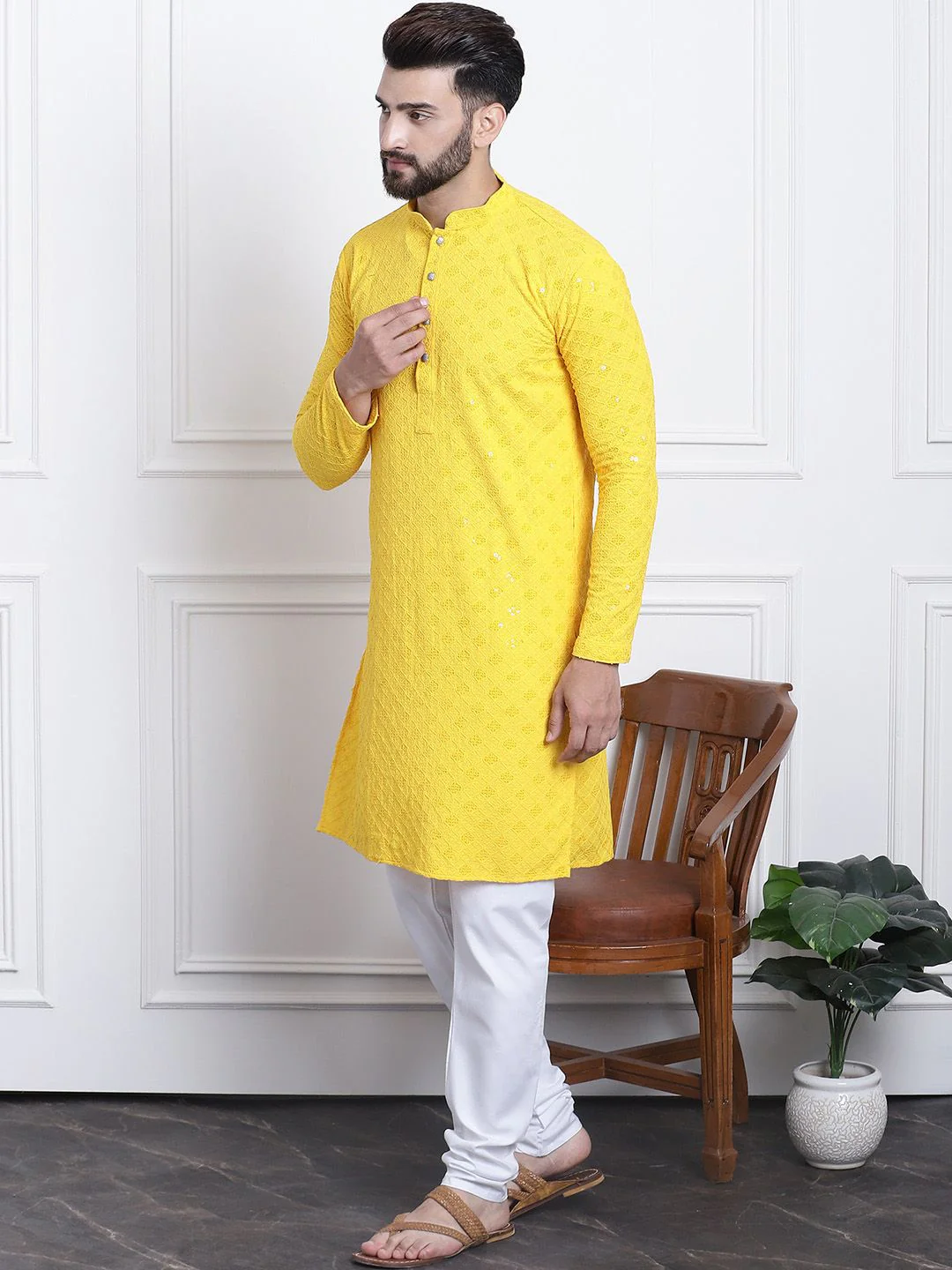 SOJANYA Ethnic Motif Embroidered Sequinned Pure Cotton Kurta with Churidar - Image 4
