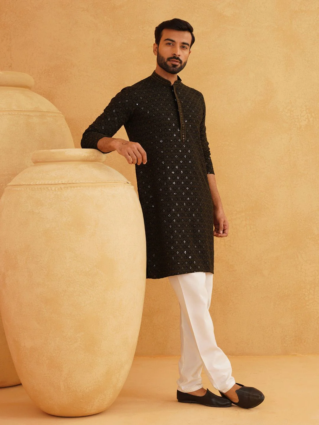 SOJANYA Ethnic Motifs Embroidered Mandarin Collar Sequined Pure Cotton Straight Kurta - Image 6