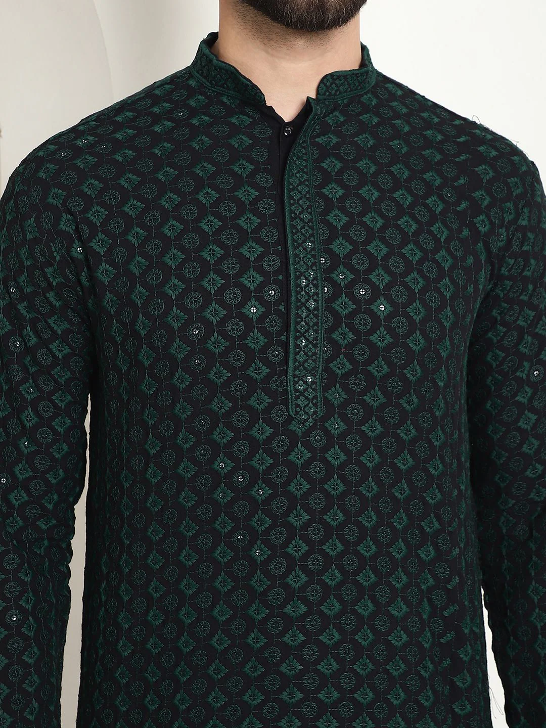 SOJANYA Ethnic Motifs Embroidered Mandarin Collar Sequined Pure Cotton Straight Kurta - Image 3