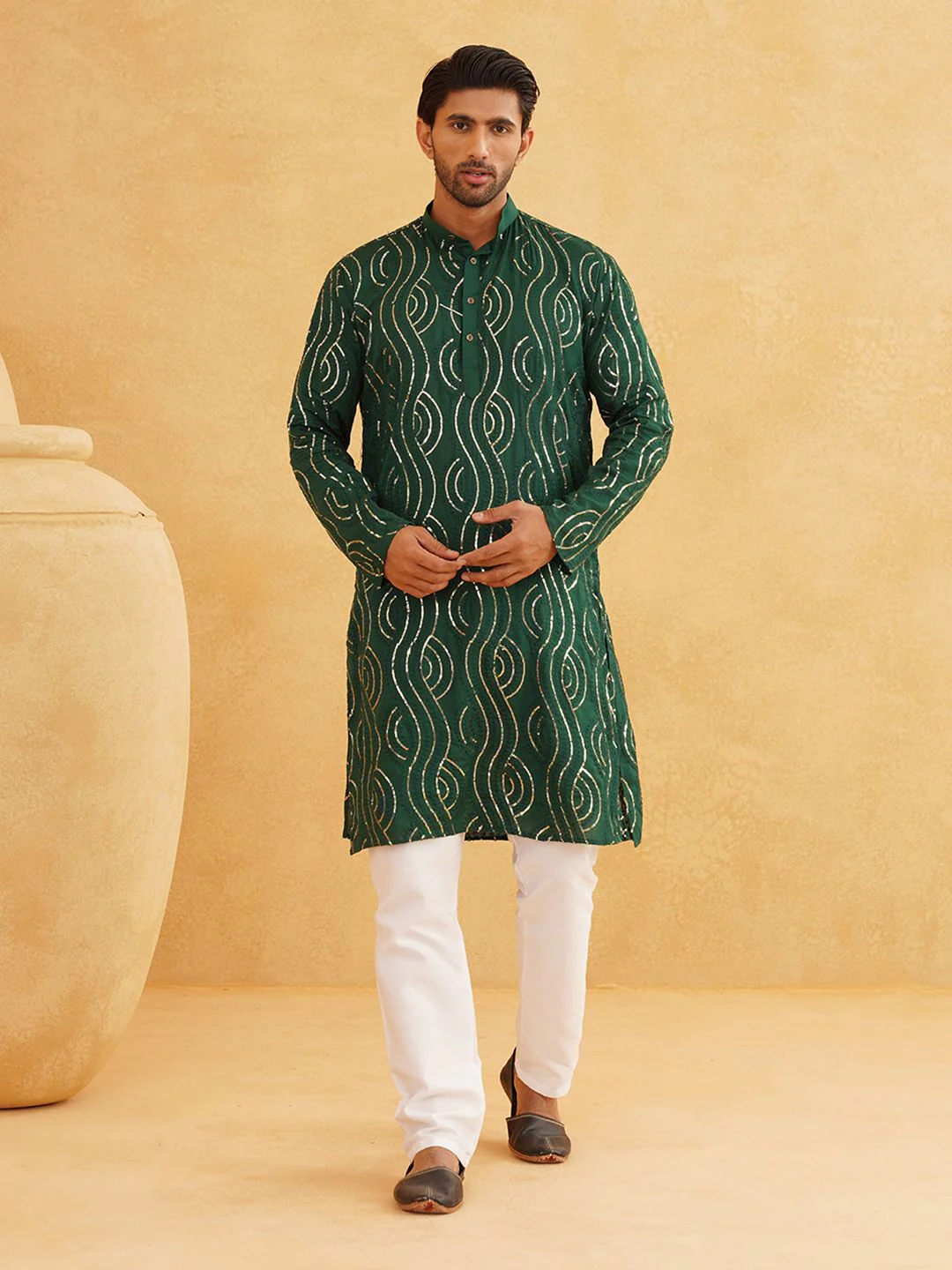 SOJANYA Ethnic Motifs Embroidered Sequined Pure Cotton Kurta with Churidar - Image 2