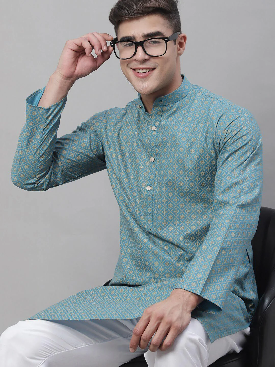 SOJANYA Ethnic Motifs Foil Printed Cotton Linen Kurta With Churidar - Image 6