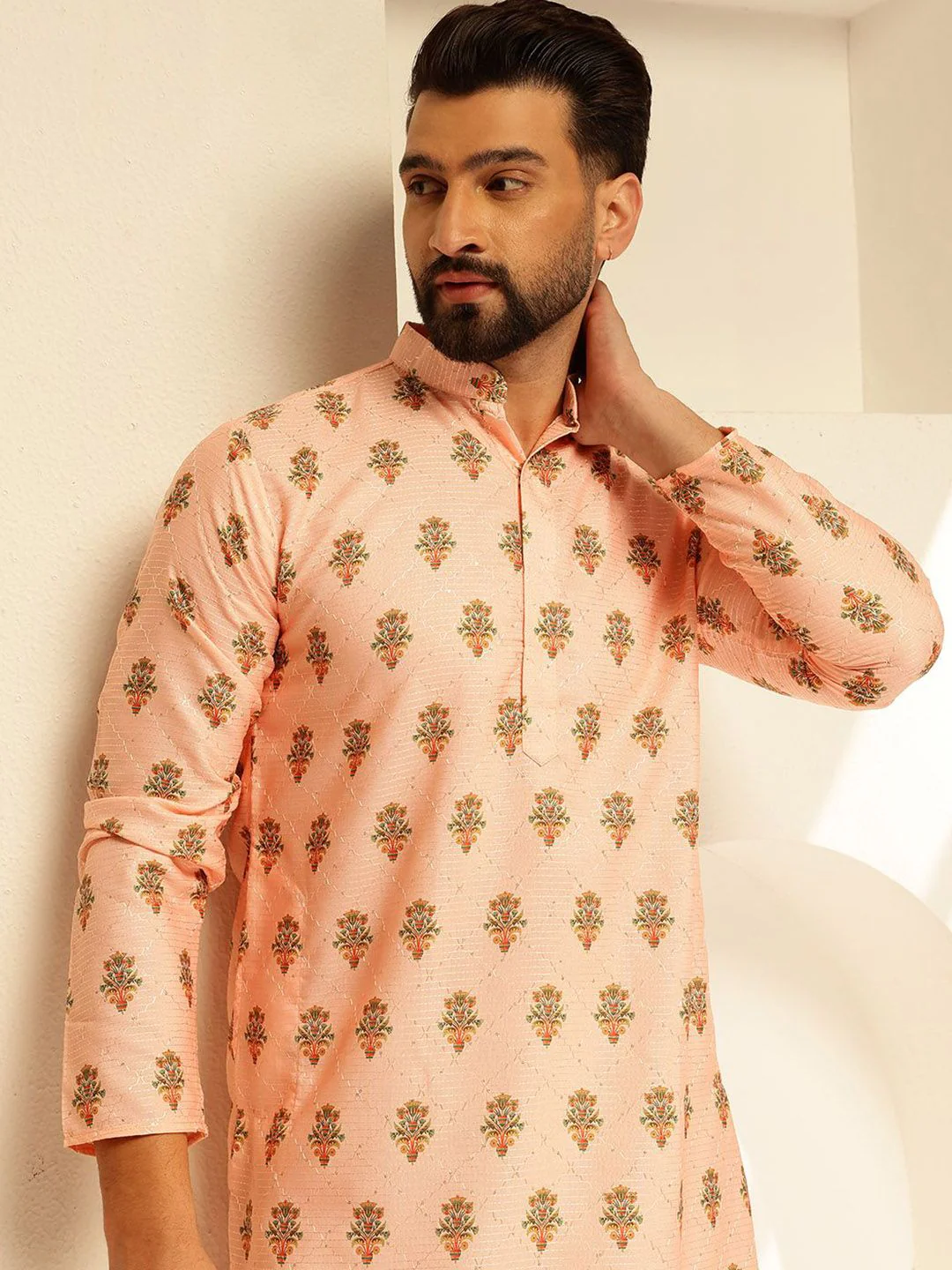 SOJANYA Floral Embroidered Mandarin Collar Cotton Straight Kurta - Image 2