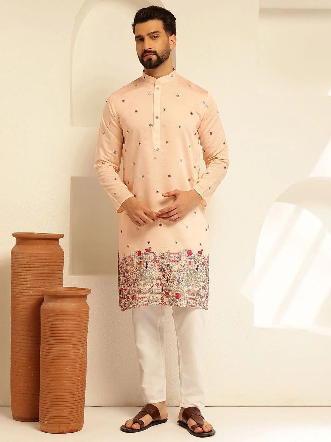 SOJANYA Floral Embroidered Mandarin Collar Thread Work Cotton Silk Straight Kurta