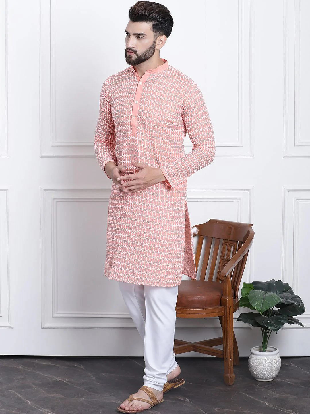 SOJANYA Floral Embroidered Regular Thread Work Pure Cotton Kurta with Churidar - Image 4