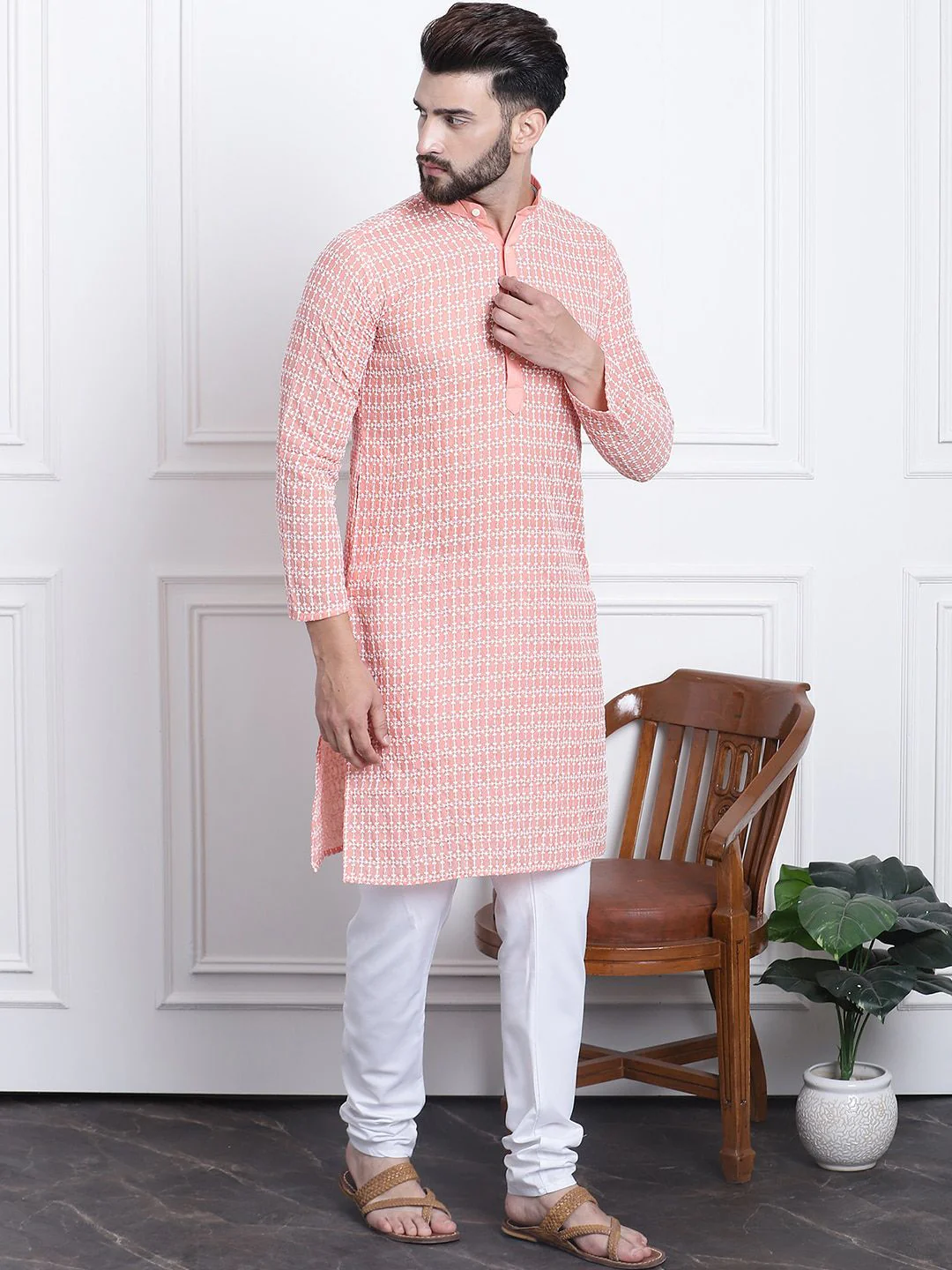 SOJANYA Floral Embroidered Regular Thread Work Pure Cotton Kurta with Churidar - Image 5