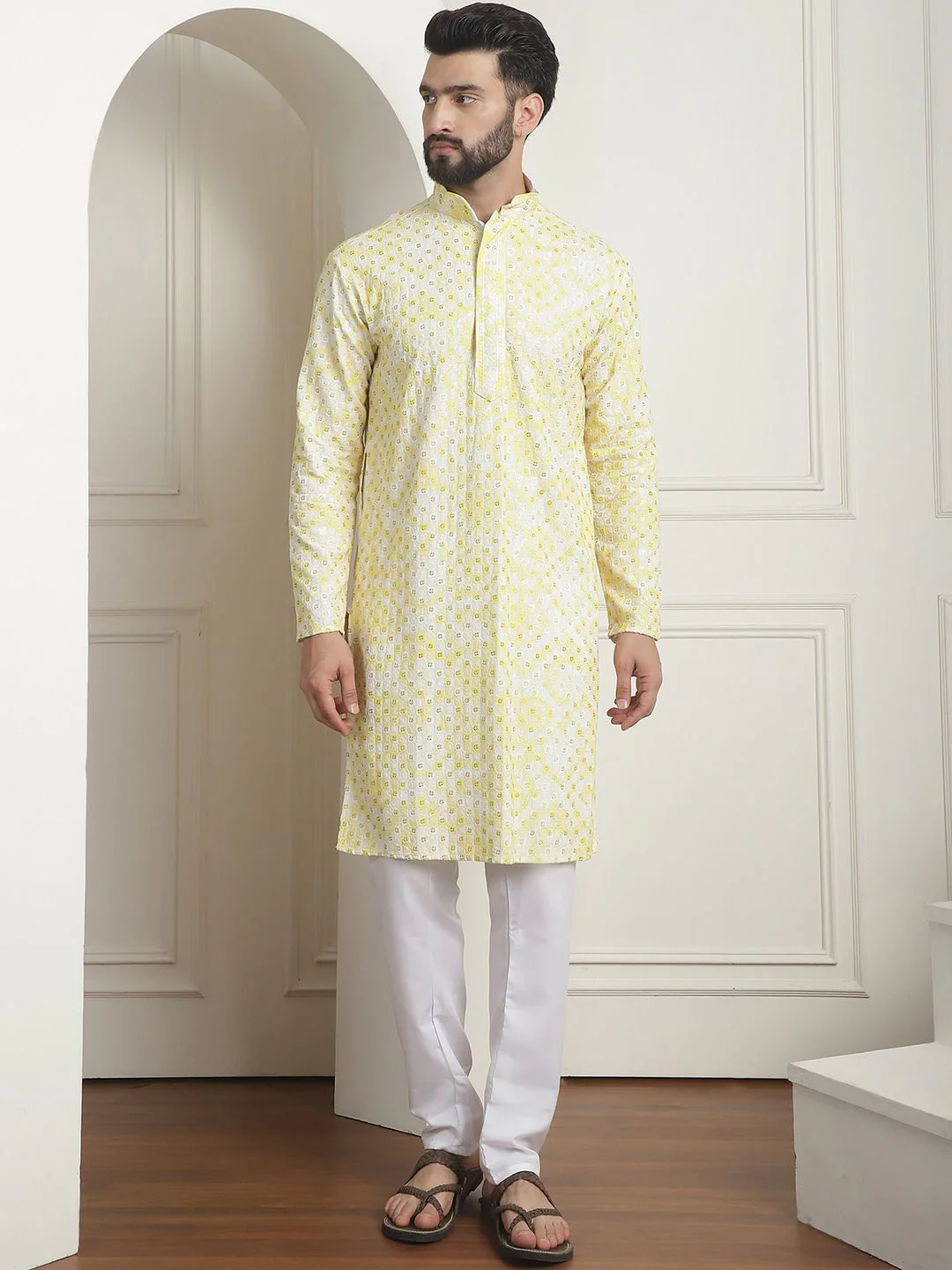 SOJANYA Geometric Embroidered Mandarin Collar Sequined Pure Cotton Straight Kurta - Image 6