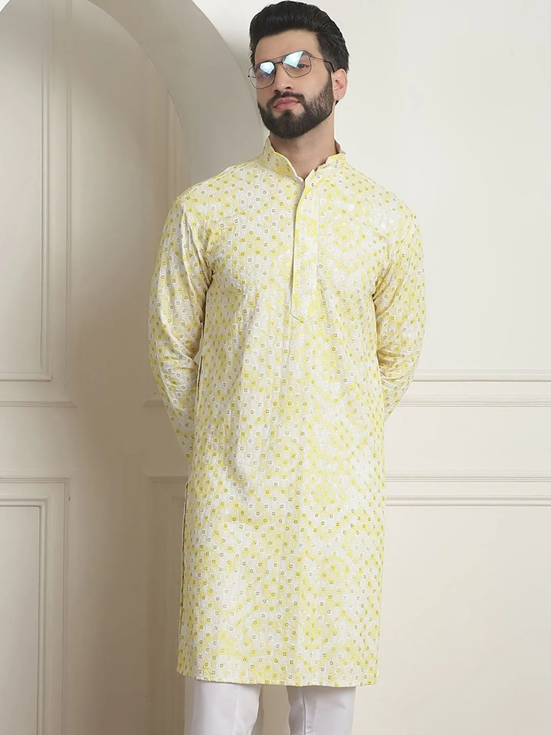 SOJANYA Geometric Embroidered Mandarin Collar Sequined Pure Cotton Straight Kurta - Image 7