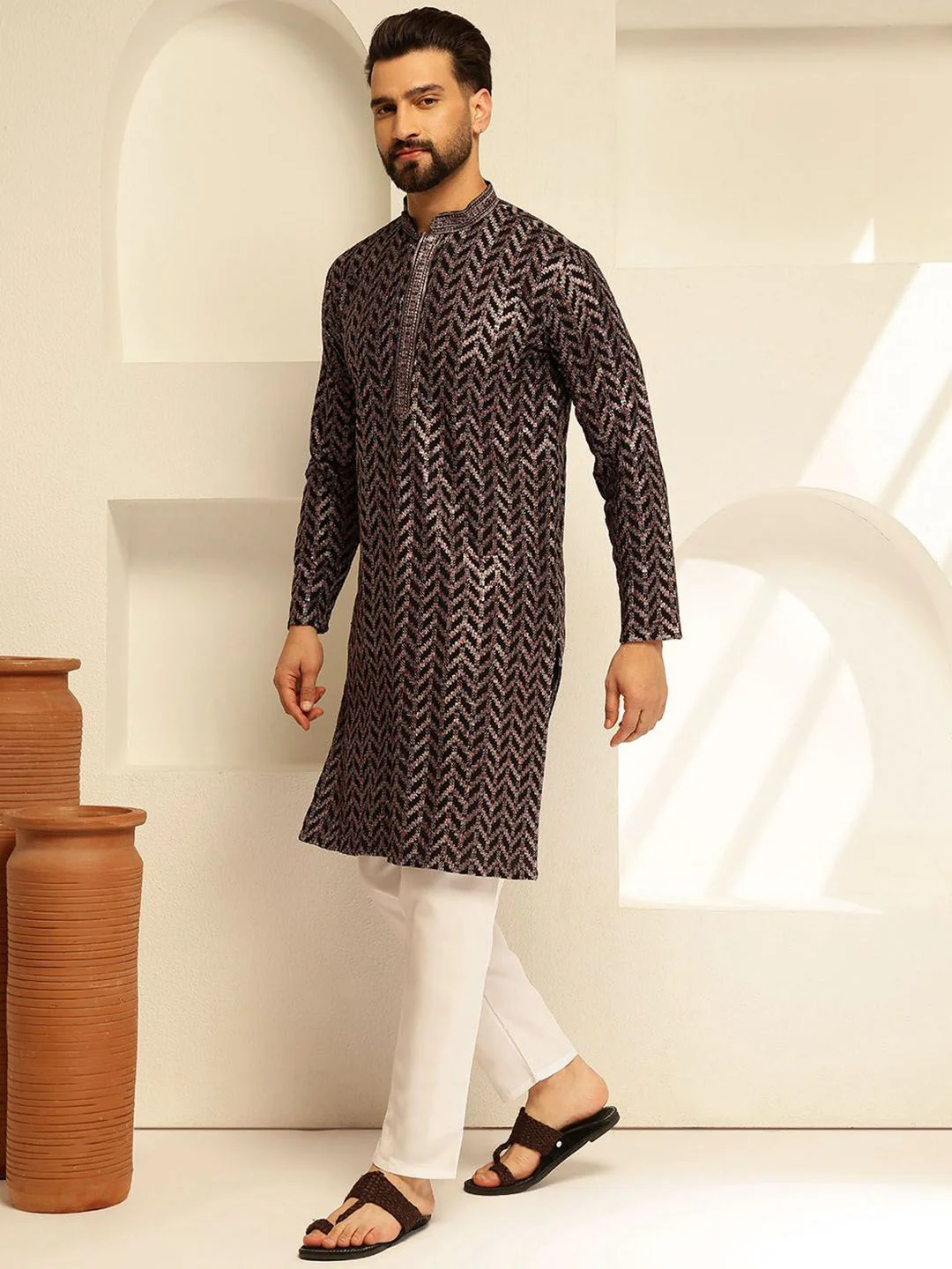 SOJANYA Geometric Embroidered Mandarin Collar Sequinned Cotton Straight Kurta - Image 3