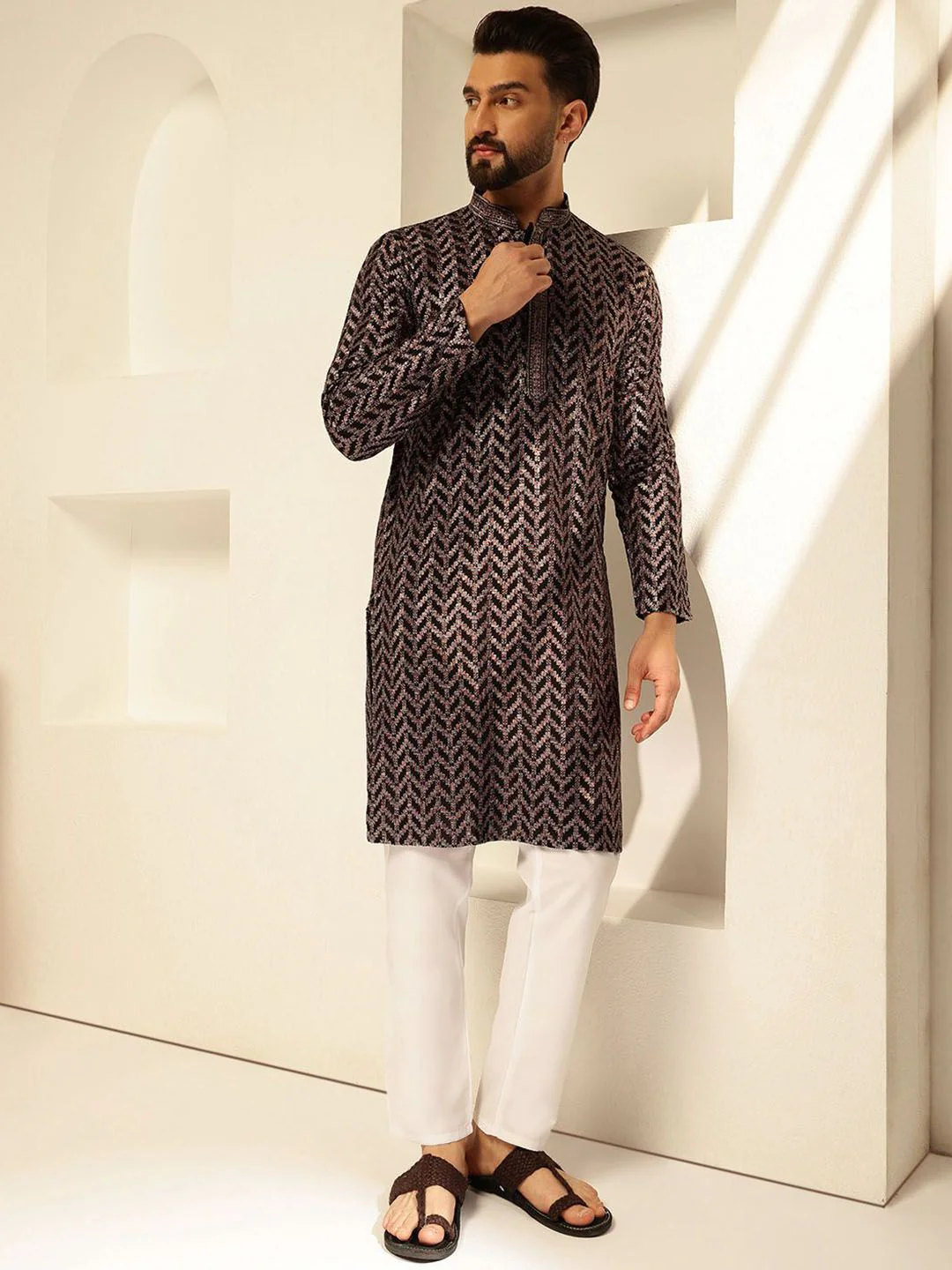 SOJANYA Geometric Embroidered Mandarin Collar Sequinned Cotton Straight Kurta - Image 4