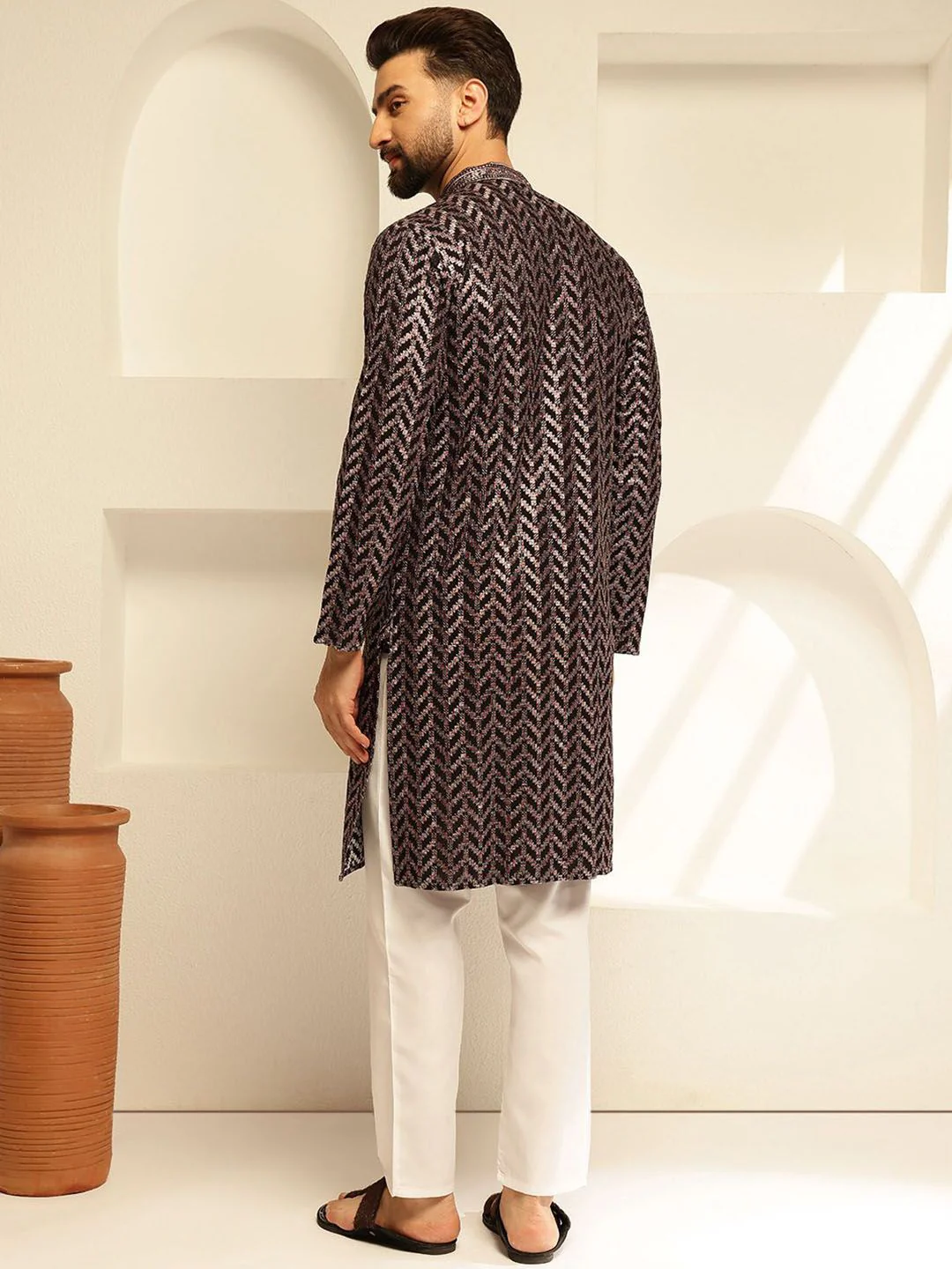 SOJANYA Geometric Embroidered Mandarin Collar Sequinned Cotton Straight Kurta - Image 5